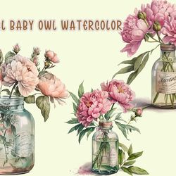 Retro Pink Peonies Flowers In Bottle Watercolor