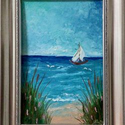 Sea Painting Original Art Seascape ArtworkImpasto Oil Painting On Cardboard California Beach Boat Painting Colorful Art