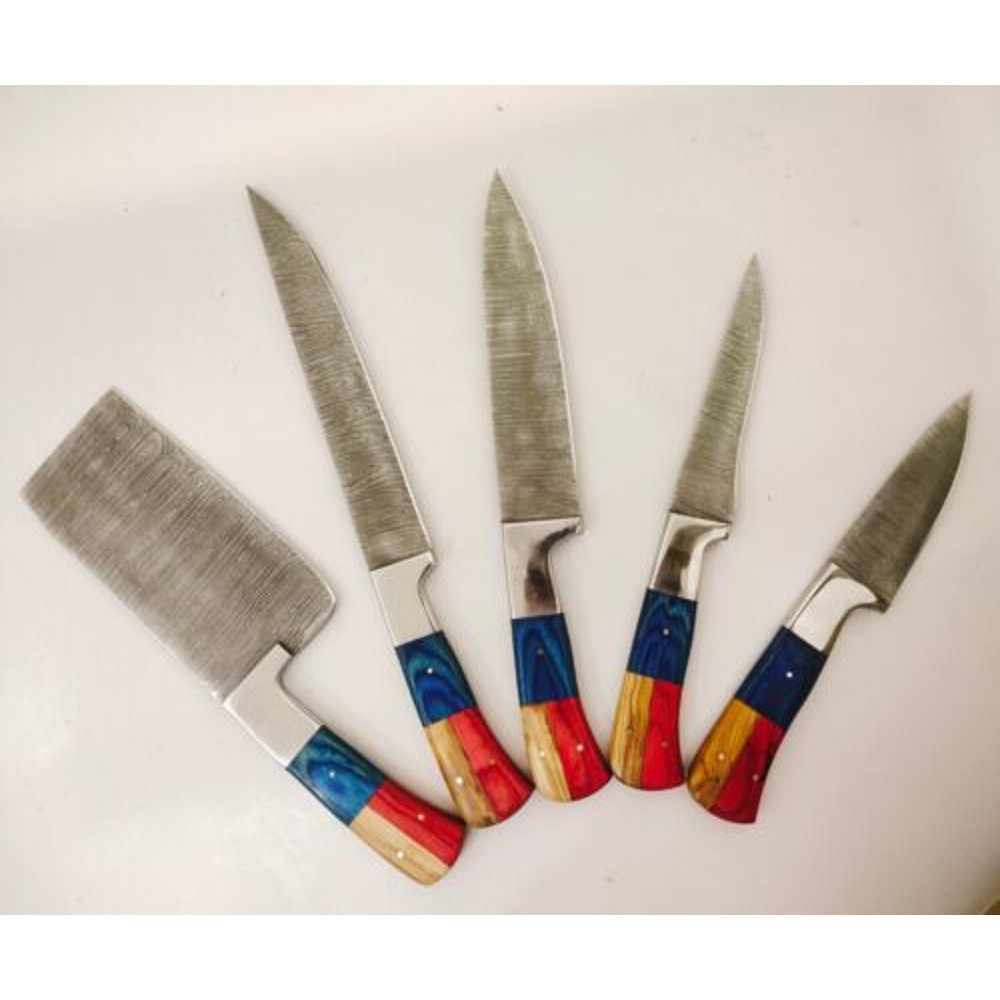 Exquisite 5Piece Chef Set for Meat Cutting and Butchery  Handcrafted Patriot Edition Damascus Stee