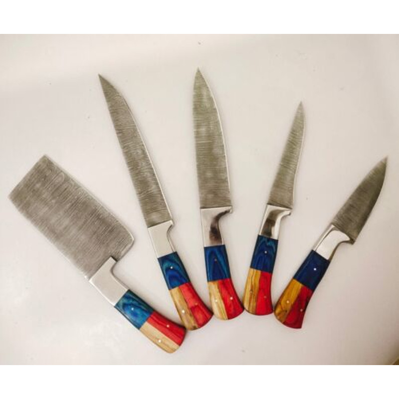 Exquisite 5Piece Chef Set for Meat Cutting and Butchery  Handcrafted Patriot Edition Damascus Stee