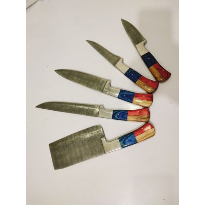 Exquisite 5Piece Chef Set for Meat Cutting and Butchery  Handcrafted Patriot Edition Damascus Stee