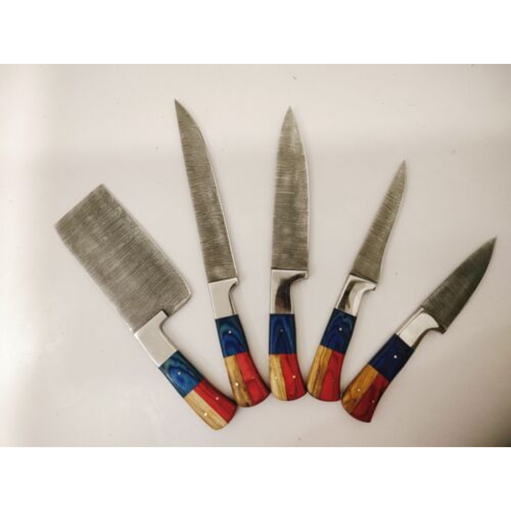 Exquisite 5Piece Chef Set for Meat Cutting and Butchery  Handcrafted Patriot Edition Damascus Stee