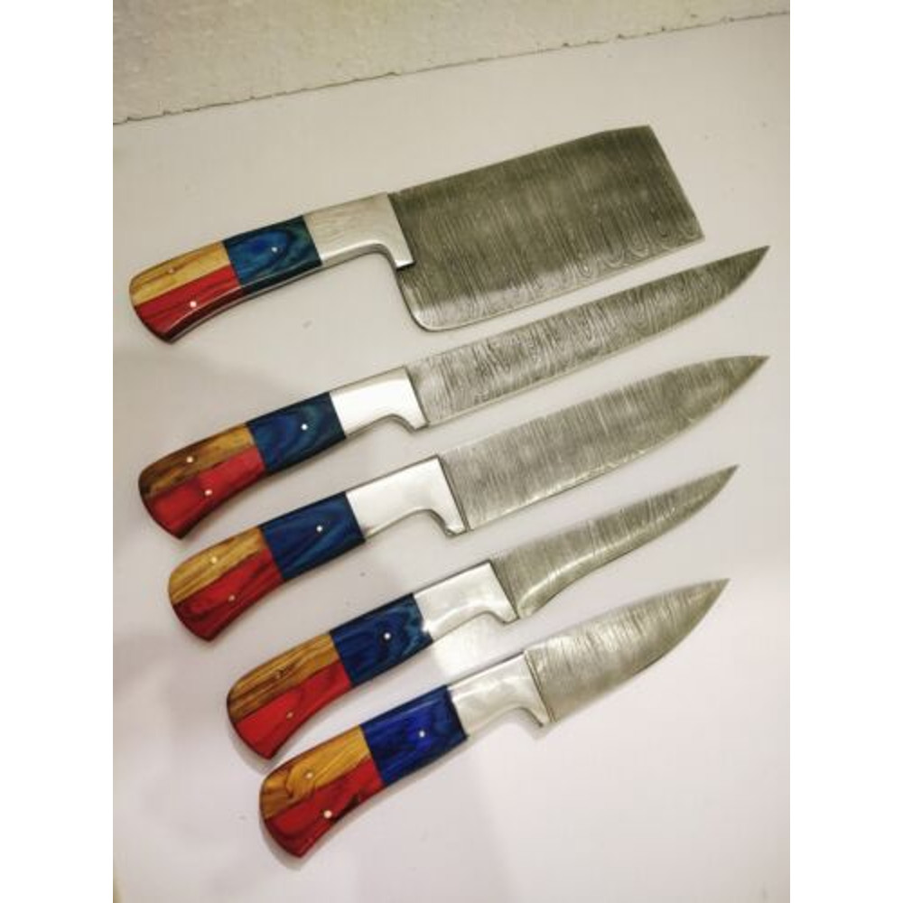 Exquisite 5Piece Chef Set for Meat Cutting and Butchery  Handcrafted Patriot Edition Damascus Stee