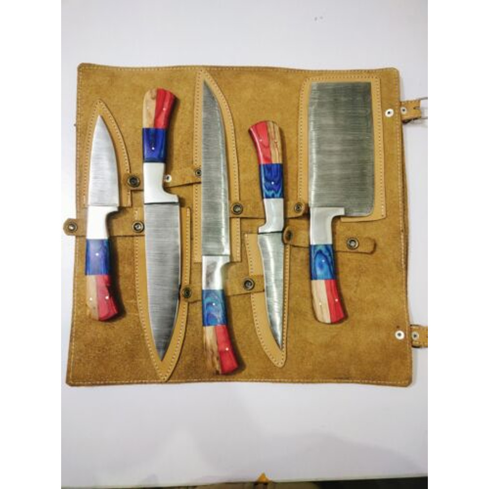 Exquisite 5Piece Chef Set for Meat Cutting and Butchery  Handcrafted Patriot Edition Damascus Stee