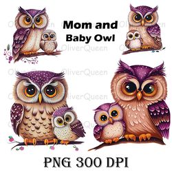 mom and baby owl watercolor art, mom and baby owl png