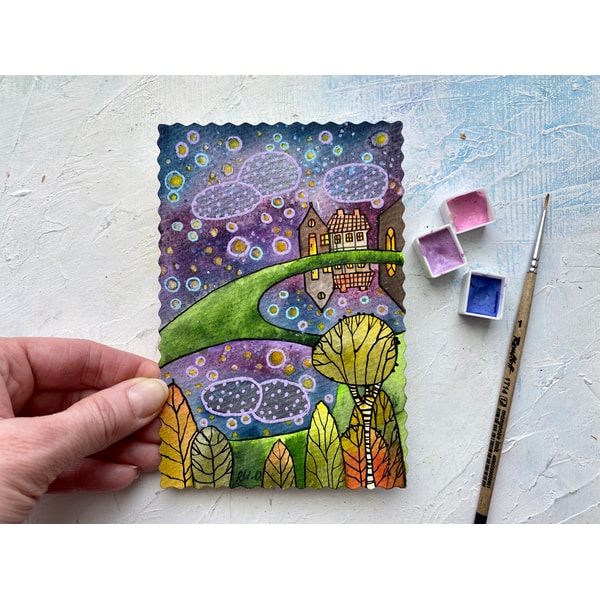 Mini Original Drawing Night landscape painting Mini Original art Small Watercolor - Inspire ...
