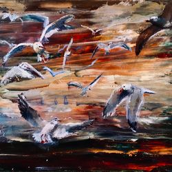 seascape seagulls sunset sea oil painting on board 8 by 9 inch