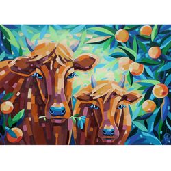 Cow Painting Farm Original Art Animal Artwork Fruit Decor Oil Canvas 20 by 28 inches ARTbyAnnaSt
