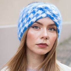 Angora knitted headband. Blue white head wrap