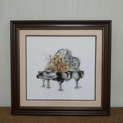 vintage piano cross stitch pattern, cityscape cross stitch chart, double exposure cross stitch, counted cross stitch