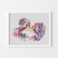 lovers silhouette cross stitch pattern, cityscape cross stitch chart, double exposure cross stitch, love cross stitch