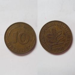 Vintage historical German coin 10 pfennig 1991 old banknotes 2 mark 5 mark 20 mark antique banknotes gift for collector