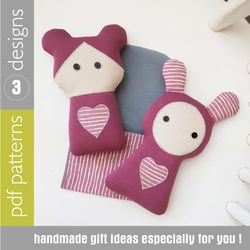 set of 3 sewing patterns mini doll & rabbit in sleeping bag, 3 digital tutorials in english, rag dolls sewing diy