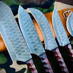 Carbon-steel-Chef-knives, Of 5Pieces, Custom Handmade, Handmade Chef knives Set ,Personalized Gift For Mother