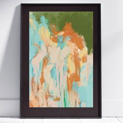 Wall art home decor gift abstract for dinning room in blue printable green painting oil strokes terracotta art print