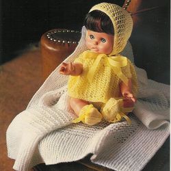 Vintage Doll Clothes Knitting Pattern PDF Baby Doll -Shawl Blanket Dress Bootees Bonnet Pants Vest, Size 12-16"