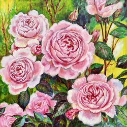 Roses Oil Painting Floral Original Wall Art Garden English Roses Oil Painting on Canvas by 20x20 inch