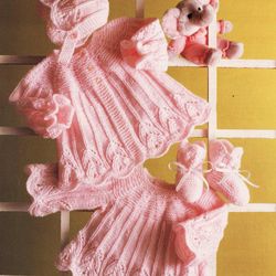 Baby's lacy panel dress, coat, bootees and bonnet knitting pattern-To fit 14-20" chest-PDF digital download