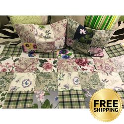 king size bed runner, reversible set with decorative throw pillow covers 20x14 - patchwork throw, quilted bed cover