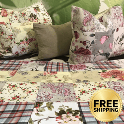 king size bed runner reversible set with decorative throw pillow covers 21x21 - patchwork throw, quilted bed cover