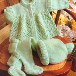Baby Knitting Pattern, matinee set, comprising of coat, leggings, pompom hat, mittens, Size 16-18" Chest, Download PDF