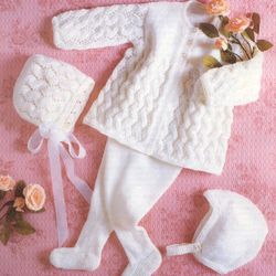 Baby Knitting Pattern, Baby's coat, leggings, bonnet and hat Matinee Pram Suit 18-20 inch, PDF Instant Download