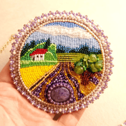 embroidered round pendant landscape necklace beaded necklace provence pendant seed bead