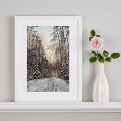 In the winter forest original oil painting hand painted modern impasto painting wall art 6x9 inches