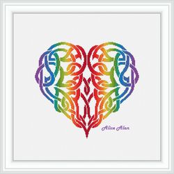 Cross stitch pattern Heart celtic knot silhouette ethnic ornament rainbow colorful counted crossstitch patterns PDF