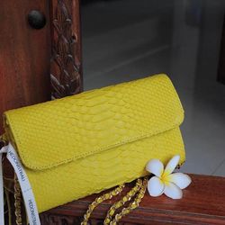 Genuine python skin classy yelloflat clutch with shoulder chain | elegant evening women purse | designer leather bags |