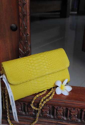 Genuine python skin classy yelloflat clutch with shoulder chain | elegant evening women purse | designer leather bags |