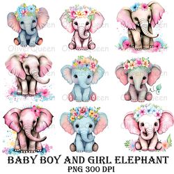 baby boy and girl elephant art, elephant png, elephant digital