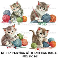 Kitten Playing with Knitting Rolls Art, Kitten PNG, Kitten