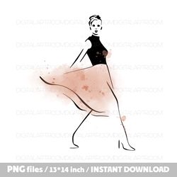 Fashion lady linear drawing Png files Sublimation design Clipart watercolor