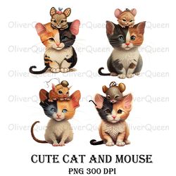 cat and mouse watercolor art, cat png, cat gift