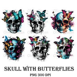 skull with butterflies watercolor art, skull png, skull gift