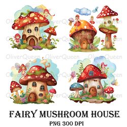 fairy mushroom house watercolor art, mushroom png, house gift