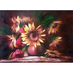 Sunflower Painting Original Art Large Flowers Wall Art Floral Artwork Impasto Painting 19.5" by 27.5" by TimPaintings