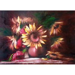sunflower painting original art large flowers wall art floral artwork impasto painting 19.5" by 27.5" by timpaintings