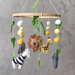 Jungle Safari Baby Mobile - Handmade Crib Cot Mobile with Lion, Elephant, and Giraffe, Pom Poms, and Tropical leaves