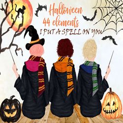 Halloween clipart: "GIRLS CLIPART" Wizard Girls jack o Lantern Halloween Landscape Fall backdrop Witch hat Mug design Cu