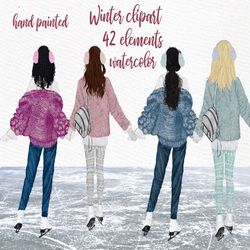 winter clipart: "best friends" girl clipart ice skating girls season greetings cusomizable clipart, planner clipart best