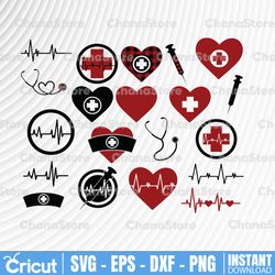 heartbeat svg bundle, stethoscope svg, nurse healthcare ekg heart beat clipart svg, png, dxf