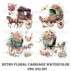 floral carriage watercolor art, floral carriage png, floral carriage gift