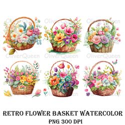 retro flower basket watercolor art, retro flower basket png, retro flower png