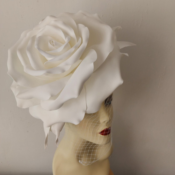 White Rose Veil Flower Bridal Fascinator Kentucky Derby Hat Wedding Headband.jpg