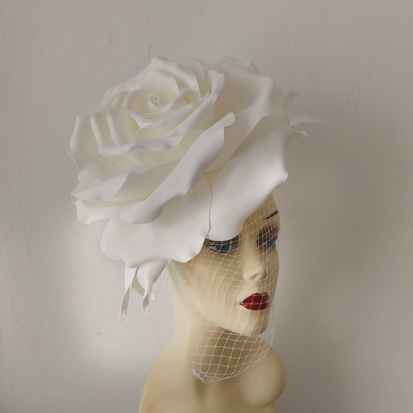 White Rose Veil Flower Bridal Fascinator Kentucky Derby Hat Wedding Headband Hat Women's.jpg