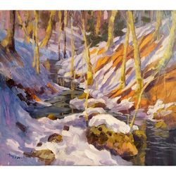 Original oil painting winter landscape on canvas