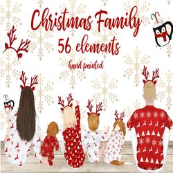 christmas family clipart: "watercolor family clipart" family sitting christmas pajamas parents and kids planner graphic