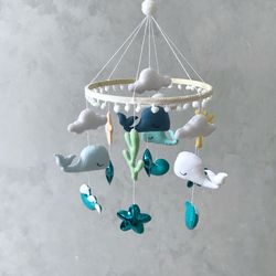 Handmade Whale Baby Boy Mobile for Nautical Nursery Decor, Ocean Baby Mobile for Nursery Decor with Waves Whales Clouds